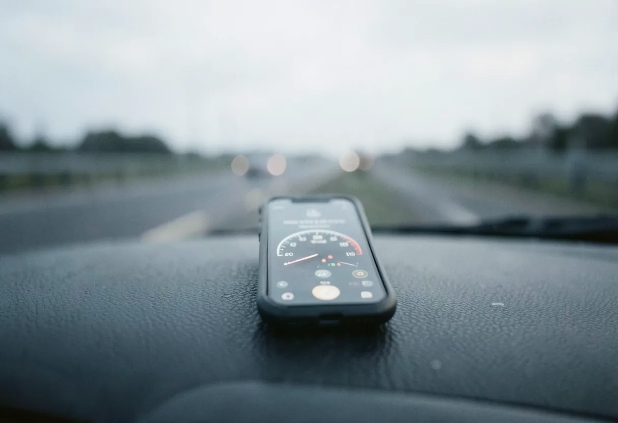 Smartphone on car hood displaying speedometer app, muted colors, soft lighting.
