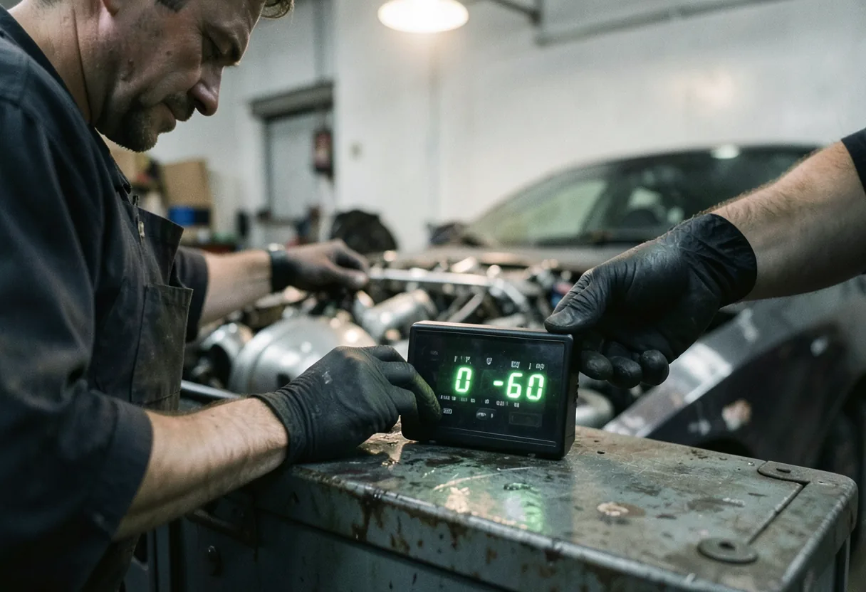 A gloved hand adjusts a 0-60 timer display, car testing equipment.