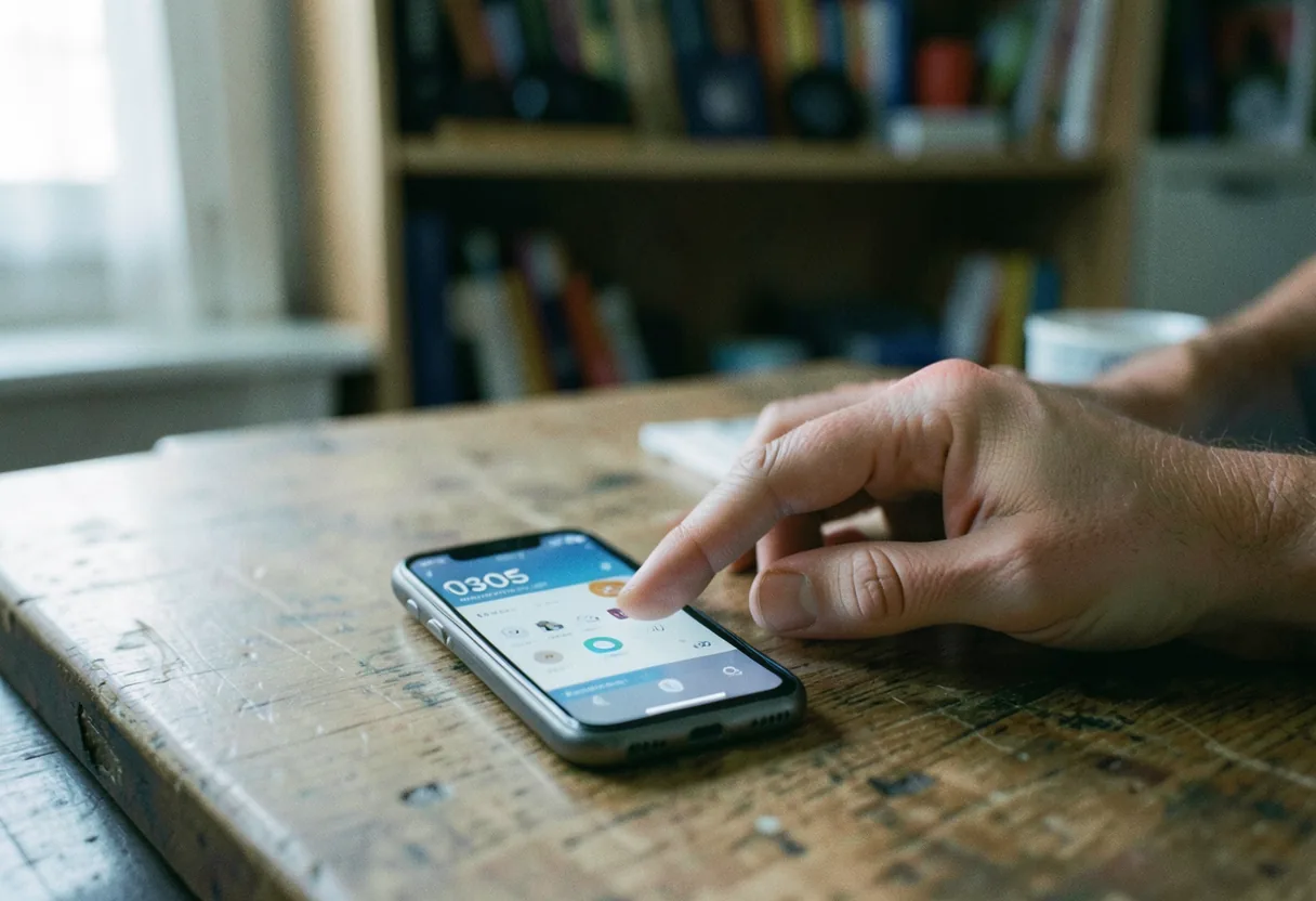 Smartphone screen showing 0305 app interface, muted colors, soft lighting.