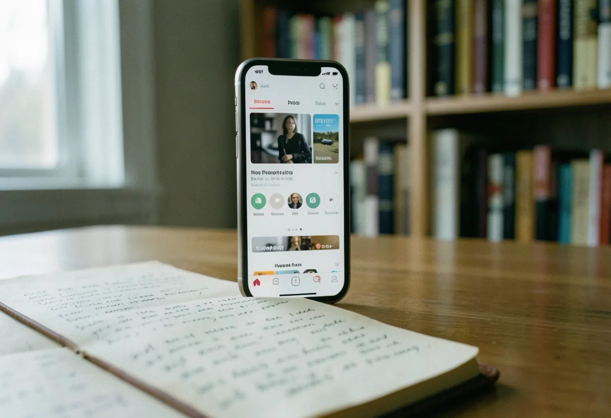 Smartphone showing app store on wooden desk, how to find and install mobile app.